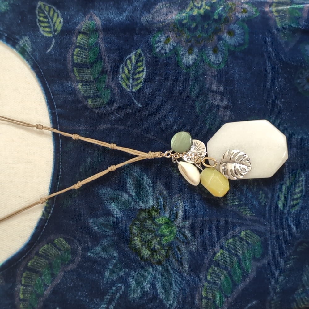 J. Jill Necklace w/ Large White Agate, Yellow & Green Stones, Silver Charms NWT